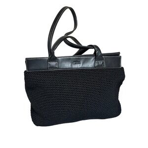 The Sak Black Crochet Leather Trim Shoulder Bag Tote Contrast Stitching